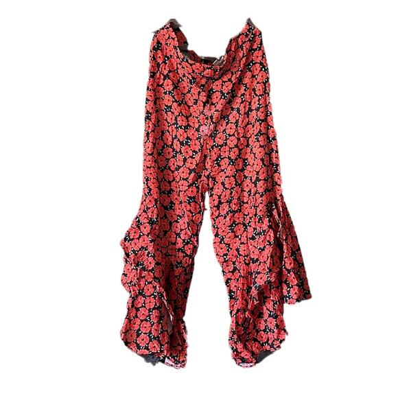 Anthropologie Coral Floral Capris Flowy Ruffle Wide Leg Zipper Side ZZ28 - Picture 2 of 12